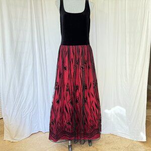 Vintage Patra Maxi Dress Gown Womens  Black Velvet Red Satin Floral Y2K